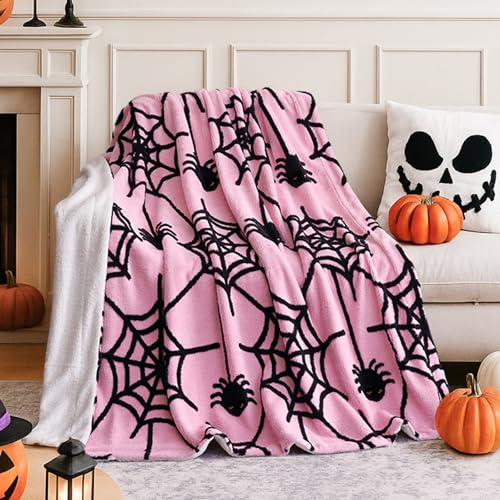 weigelia Halloween Throw Blanket - Pink Cute Spider Web Design Fleece Throw for Decorating Couch Bed Sofa, Soft Cozy Plush Halloween Blanket Gift for Kids Women, 60'' x 80''