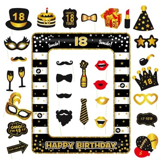 ZOCONE Photocall 18 Cumpleaños, 30 Piezas Accesorios Photocall Cumpleaños+ Marco de Fotos Inflable 18th Cumpleaños Photo Booth Props Accesorios Fiesta Cumpleaños 18 Años Foto Prop para 18 Cumpleaños