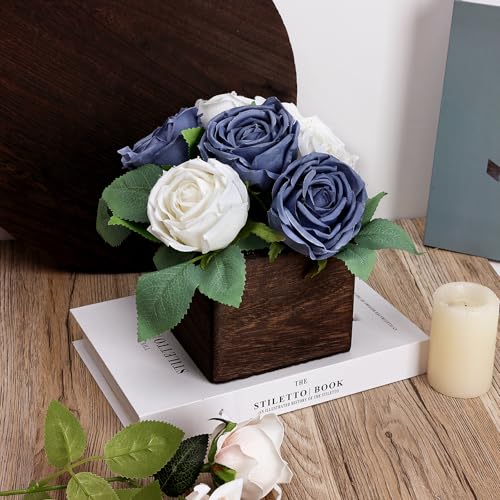 DIYDOFUN Dining Table Centerpiece - Pre-Made Aritifial Rose with Wooden Vase Fake Floral Arrangment Faux Flower for Wedding Bridal Tea Party Event Decorations - Image 7