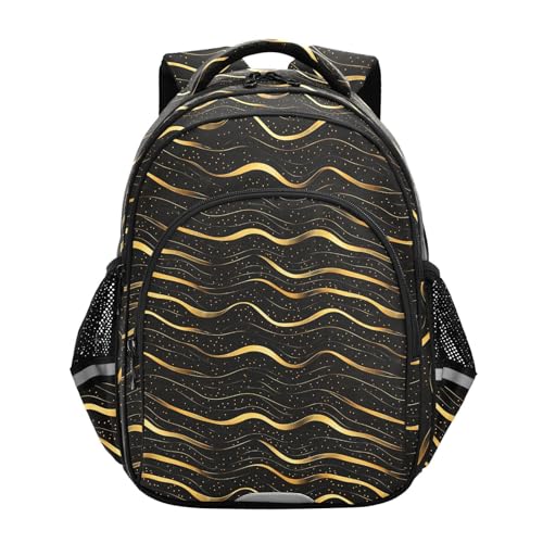 Mochila escolar abstracta dorada con líneas onduladas negras para niños, adolescentes, niños, mochila de viaje, mochila de viaje, tamaño M, mochilas para mujer
