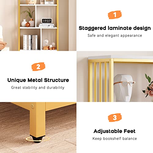 GarveeHome 4-Tier Gold Bookcase w/ 3 Drawers, 62" White Gold Bookshelf with Door and Metal Frame, Floor Standing Display Storage Cabinet for Office Living Room