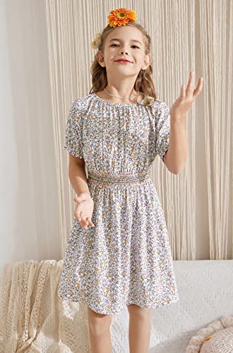 Tiny Sugar Girls Smocked Waist Soft Viscose Midi Dress Elastic Crewneck Casual Playwear Skater Dress With Pockets Cream Ss-7Y #TOP4