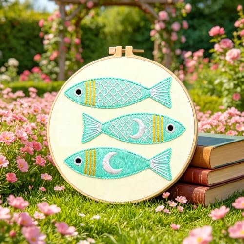 Image of INFUNLY 4Pcs Canned Sardines Embroidery Kit 12 Inch Round Pink Fish Wreath Needlework Practice Set Nautical Fish Embroidery Kits with Hoop for Adults Home Decor Birthday Gift