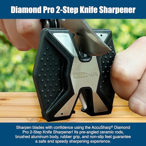 AccuSharp Diamond Pro 2-Step Knife Sharpener, Restores, Hones & Sharpens Blade’s Edge, 2-Step Coarse & Fine Rods for Kitchen Knives & All Types of Blades, Compact & Portable Knife Keychain Tool, Black