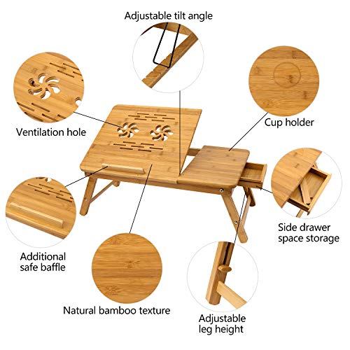 Bamboo Laptop Desk, Adjustable Portable Breakfast Serving Bed Tray With Tilting Top Drawer For Surfing Reading Writing Eating (Bamboo) #TOP3