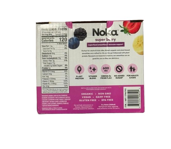 Noka Organic Superfood Fruit Smoothie Pouches Super Berry, Healthy Snacks with Flax Seed, Plant Protein, Vegan and Gluten Free Nop Added Sugar Vegan Dairy Free Kosher (12 Count)