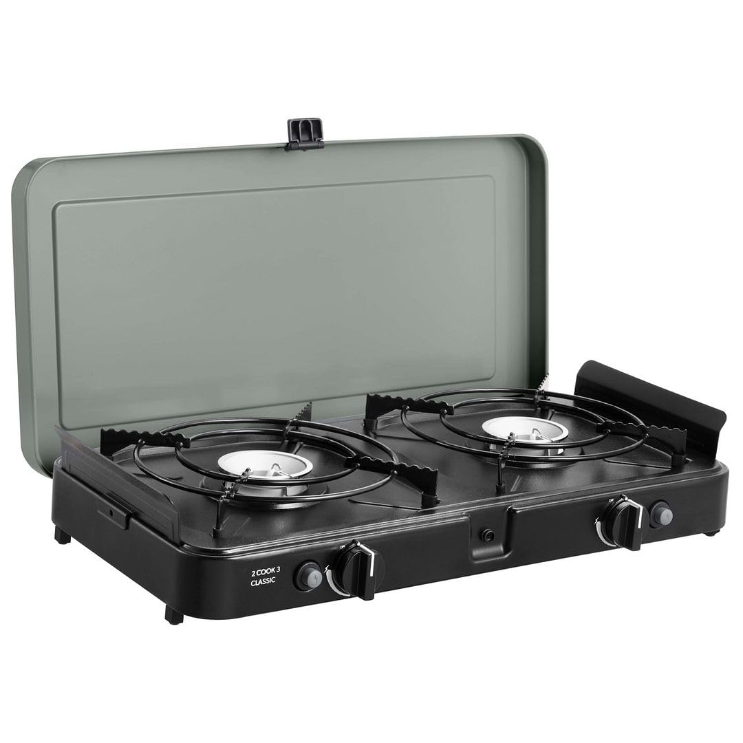 CADAC 2-Cook 3 Fornello da Campeggio Portatile - 30 mBar - Grill da Tavolo a 2 Fuochi con Accensione Piezoelettrica, Termocoppia di Sicurezza, Paravento e Borsa da Trasporto per Cucina all’Aperto