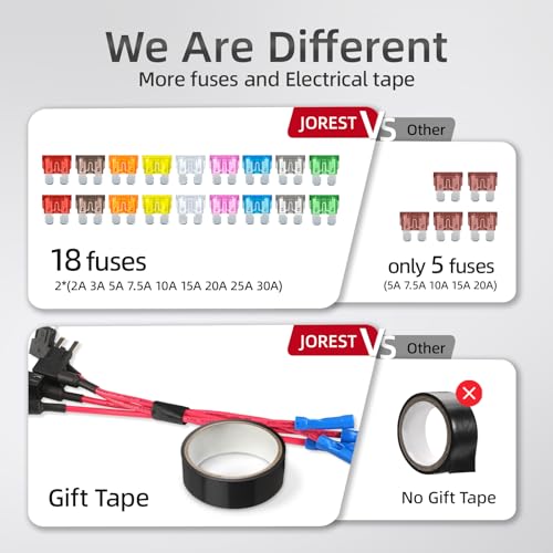 JOREST 4 stuks stroomdief, autozekering, standaard zekeringhouder 12 V, voeg een Circuit Piggyback zekeringsadapter, voor auto/camper/vrachtwagen/motorfiets, met 18 stuks (2A, 3A, 5A, 7,5A, 10A, 15A, - Afbeelding 5