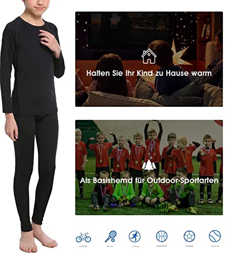 HOPLYNN - Thermal Underwear Set für Kinder Funktionsunterwäsche Skiunterwäsche Jungen Atmungsaktiv Thermal Underwear Warme Fussball Ski Schwarz XL