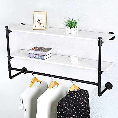Haovon Industrial Pipe Clothing Rack Wall Mounted Wood Shelf,Pipe Shelving Floating Shelves,Retail Garment Rack Display Rack Clothes Racks(2 Tier,48In) #TOP4