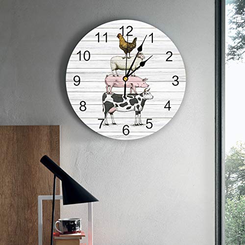 Infinidesign Farm Animal Pvc Wall Clock, Silent Non-Ticking Battery Operated Clocks, Round Clock For Home Office School Kitchen Decor 10 Inch Cow Pig Sheep Chicken Wooden Texture #TOP2