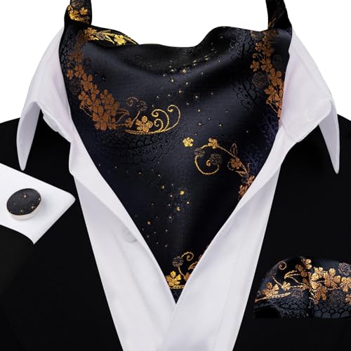 Image of Barry.Wang Ascot Ties Cravat Tie Men Paisley Plaid Scarf Self Tie Pocket Square Cufflinks Set Wedding Party