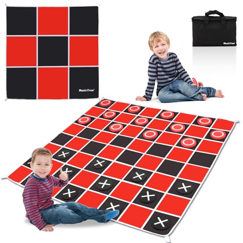2 in 1 Giant Checkers & Large Tic Tac Toe Game Set (4.6ft x 4.6ft), Jumbo Checkers Outdoor Lawn Games with Chess Board Mat & 4 Ground Stakes, Giant Indoor Outdoor Games for Kids, Yard, Camping Party