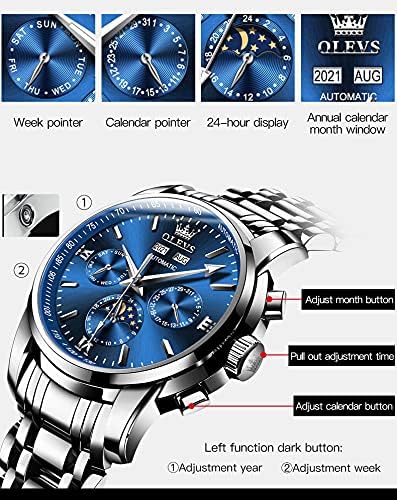 Miniatura 4 de OLEVS Reloj de lujo mecánico automático para hombre, impermeable, cuerda automática, fase lunar, fecha, cronógrafo, acero inoxidable, luminoso,