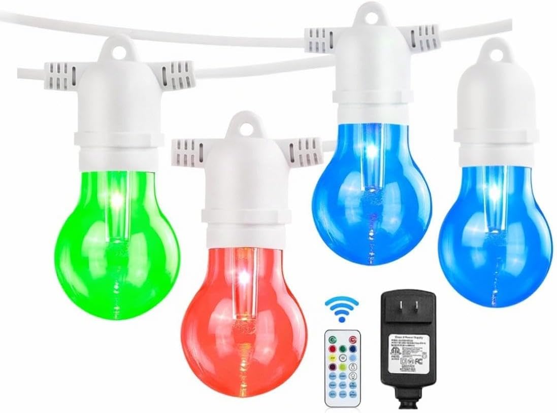 48FT RGB LED Outdoor String Lights - Dimmable Color Changing Patio Lights with Shatterproof E26 Edison Bulbs, Remote Control for Garden, Bistro & Backyard Decor(White)