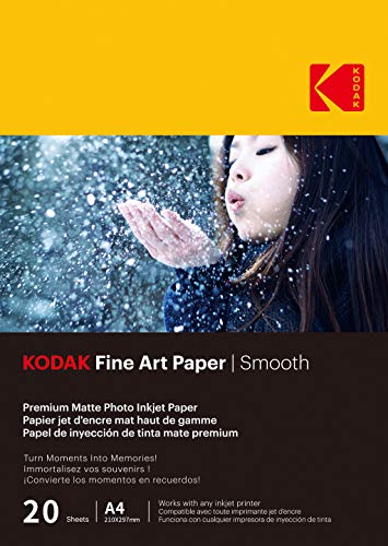 KODAK Fine Art Paper - Carta Fotografica Opaca, Confezione da 20 Fogli, 340g/m², Formato A4 (21x29,7 cm), Stampa a Inchiostro Effetto Liscio, Ideale per Immortalare i Tuoi Ricordi