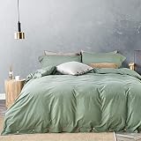 JELLYMONI Green 100% Washed Cotton Duvet Cover, 1 Piece Luxury Soft Bedding Set with Buttons Closure