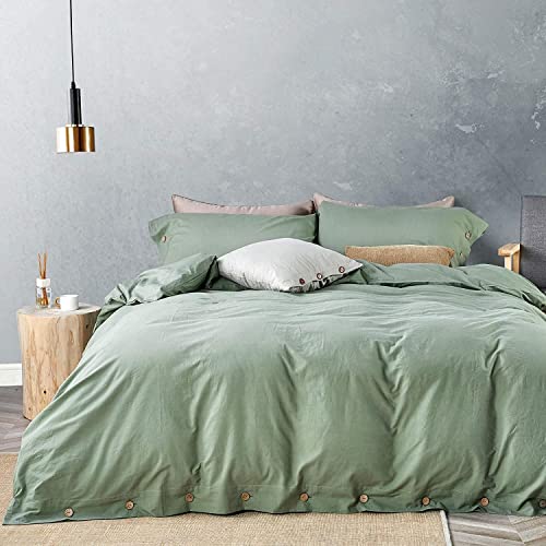 Jellymoni Green 100% Washed Cotton Duvet Cover, 1 Piece Luxury Soft Bedding Set With Buttons Closure. Solid Color Pattern Duvet Cover Queen Size(Only 1 Duvet Cover) #TOP18