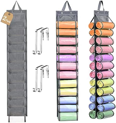 KISYONGUS 2 Pack Leggings Storage Organizer, Hanging Legging Organizer for Closet, Yoga Legging Roll Holder with 24 Compartments Over The Door, Space Saver Closet Storage Organization (Gray - 2 pcs)