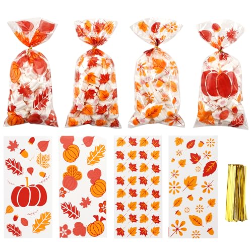 Fall Treat Bags With Ties Thanksgiving Fall Goodie Bags Fall- Candy Bag Plastic Cellophane Treat Bag Print Autumn Maple Leaf Cookies Candy Goodie Gift Bag- for Thanksgivings Falls Party Favors 50 Pcs