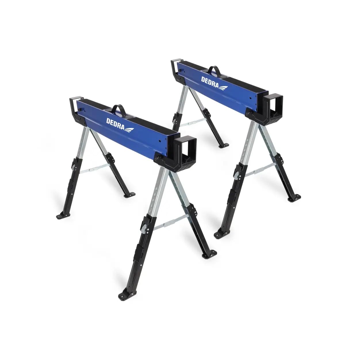Dedra Juego de 2 caballetes de carpintero plegables N1103, altura regulable, carga máxima 1180 kg/par, acero, peso 18,9 kg, asa integrada, pies antideslizantes y superficie de trabajo
