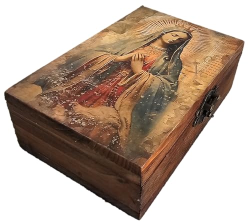 RK Collections Our Lady of Guadalupe Virgin Mother Mary Rosary Box. Vintage Woodem Prayer Box for Religious Gift. Trinket case Holder (6.5 x 4.25 x 2.25 inches) by RK Collections - Used condition - US$20.39