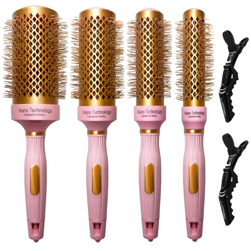 Round Brush Set for Blow Drying- 4 in 1 Round Brush with Section Clips - Nano Ceramic Ionic Barrel - Styling Curling Smoothing for All Hair Types