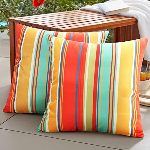 Pyonic Outdoor Waterproof Throw Pillow Covers 18x18 Decorative Square Pillow Covers Set of 2 for Patio Furniture Tent Garden,Color Stripe(Red)
