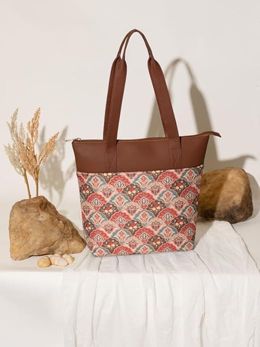 Women’s Printed Jute & Vegan Leather Tote Bag – Handcrafted Shoulder Handbag, Spacious Everyday Work Bag for Office, Travel & Daily Use