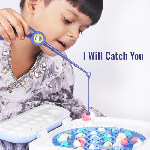 Image of Amazon Brand - Jam & Honey Magnetic Fishing Game for Kids 2 Player Toy with 24 Magnetic Fishes, Lights & Music, Rechargeable with Type-C Charging, Trolley Design,Board Game