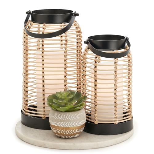 Natural Rattan Boho Lanterns – Handcrafted Chic Decor to Enhance Your Home – Modern Farmhouse Beauty Perfect for Any Living Room, Patio & Porch, Indoor and Outdoor Coffee Table or Kitchen Dining Table