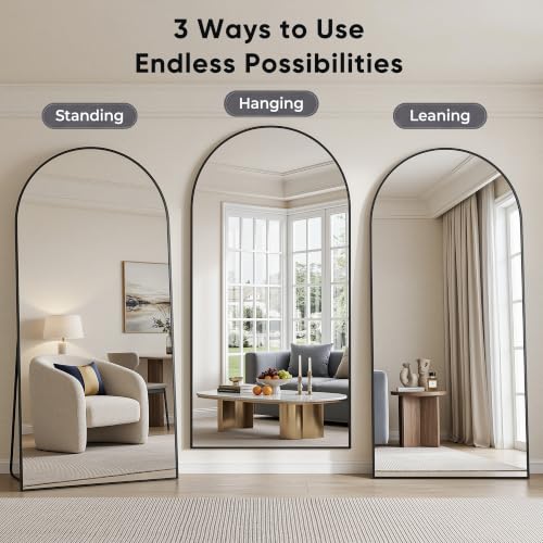 Image of Full Length Mirror, 76 inchx44 inch Arched Floor Mirror Freestanding, Floor Standing Full Body Mirror with Stand for Bedroom, Hanging Mounted for Living Room Cloakroom, Black