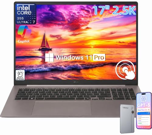 Image of LG gram Max 17 inch Touchscreen Business Laptop- Copilot+ PC - Intel Ultra 7 355 (AI-Ready NPU), 32 GB RAM, 8 TB SSD, 2560x1600 IPS Display, Wi-Fi 7, Backlit, Windows 11 Pro, 26.5hr Battery, Lightweight