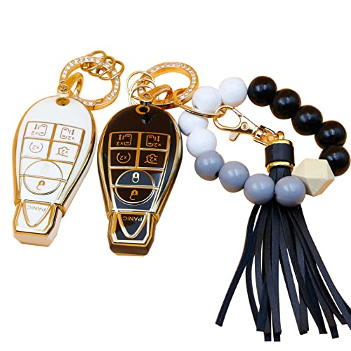 2Pcs For Dodge Key Fob Cover With Metal Keychain For Dodge Ram 1500 2500 3500 2009-2012 Journey Challenger Chrysler Town And Country Jeep Grand Cherokee-7Buttons(Black White) #TOP4