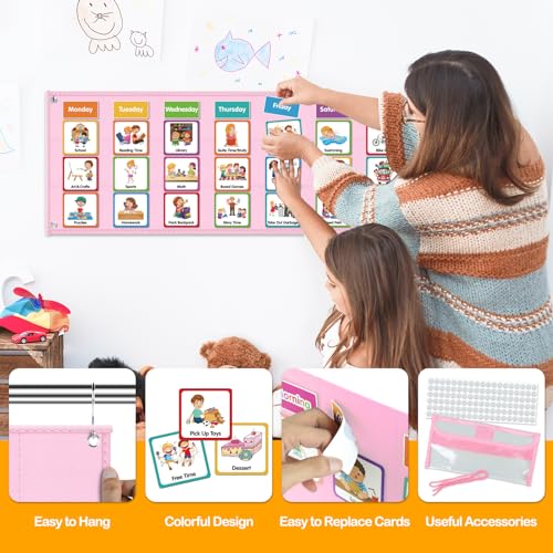 Image of Large Visual Schedule for Kids Chore Reward Chart,Bedtime Routine Chart for Toddlers,Double Side Schedule Board with 109 Cards for Home School Planner,Autism Learning Materials (Pink)