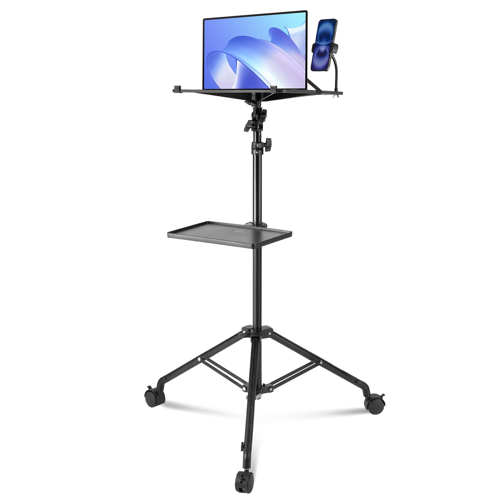 VEVOR Projektorständer mit Rädern Laptopständer-Stativ, höhenverstellbar von 795 bis 1710 mm, Projektor-Stativständer mit 2 Ablagen & Schwanenhals-Telefonhalterung, im Freien/Büro/Studio, zu Hause