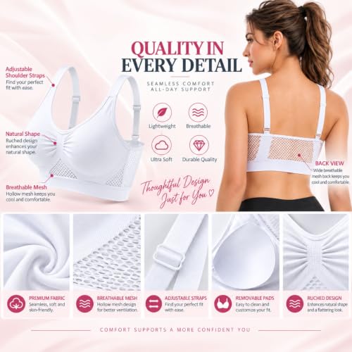 Push Up Sports Bra White 2Xl Soft Support Breathable Mesh Sport Bra - image 3