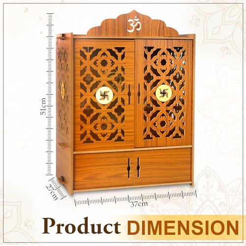 Image of Pack of 1 Wooden MDF Temple Mandir for Home & Shops, Size 51x37x27 Cm1 Piece LED Light & Complete Wall Mount Kit with Door & Cabinet with Storage Space, Assembly Required, Pooja Mandir