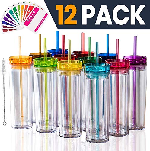 SKINNY TUMBLERS 12 Colored Acrylic Tumblers with Lids and Straws | Skinny, 16oz Double Wall Clear Pl - //coolthings.us