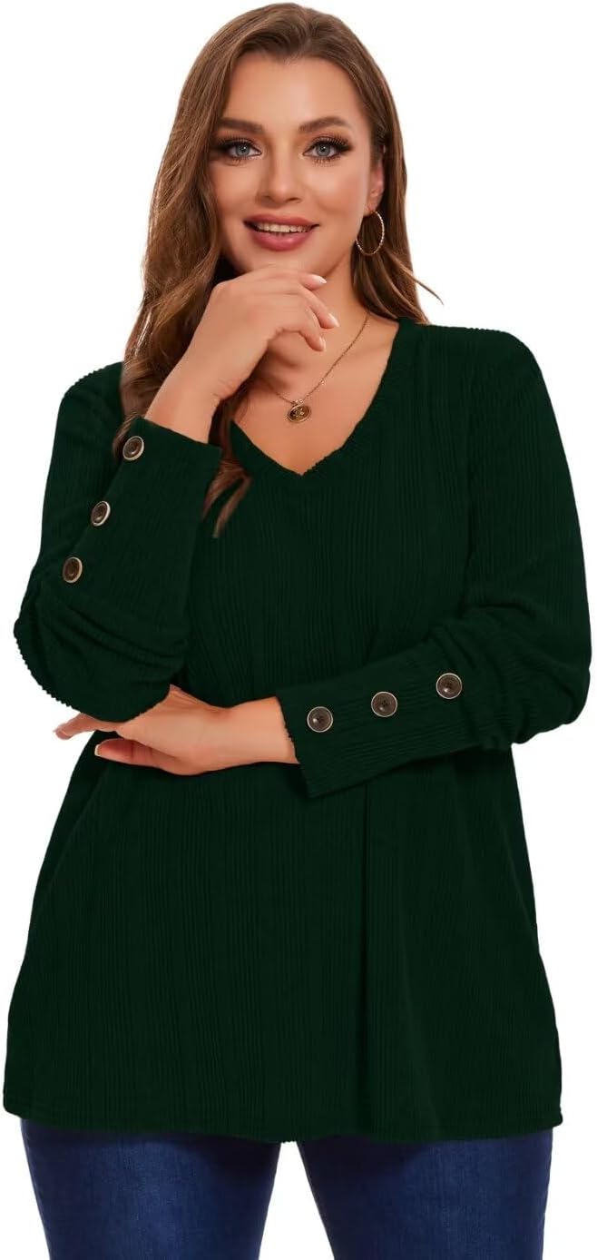 MONNURO Womens Plus Size Tops V Neck Long Sleeve Button Lightweight Tunic Sweaters Shirts Loose Fit - Image 3