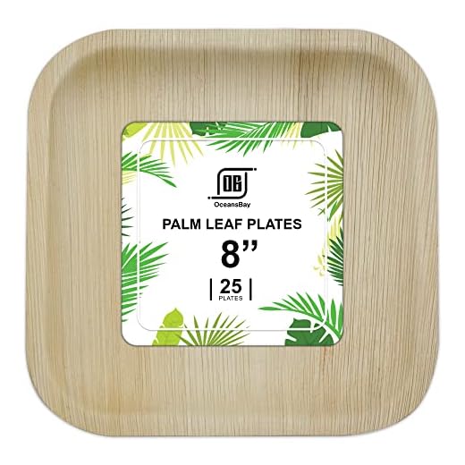 OceansBay 8” Square Palm Leaf Plates 25 Pcs – Eco Friendly & Reusable Bamboo Plates | Microwave & Oven Safe | Tableware Cutlery Set for Party & Events