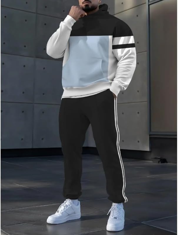 Men's color blocked hooded sweatpants set, loose printed pullover, jogging two-piece set