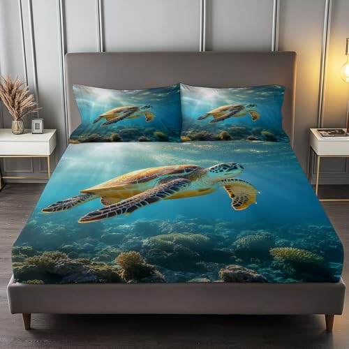 Fitted Sheet Full Size Bedding Set for Kids Girls Women Men Room Decor, Soft Microfiber & Deep Pocket & Wrinkle Free Elegant Turtle Bedding Sheets, Brown Blue
