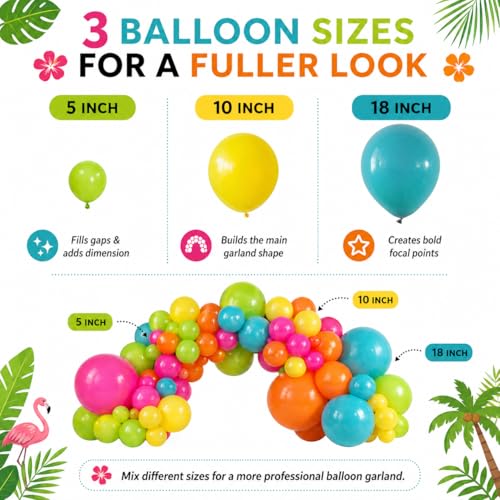 Image of 141 Pcs Rainbow Neon Balloon Arch Kit, Hot Pink Lime Green Orange Slate Blue Yellow Hawaiian Summer Tropical Balloon Garland for Hawaiian Luau Aloha Birthday Pool Back to School Party Decorations