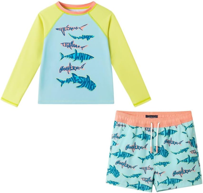 Kids' Shark Rashguard Set - Aqua & Lime - Long Sleeve - UPF 50+ - Andy & Evan