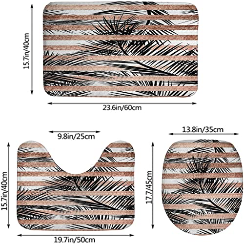 Badezimmerteppich-Set, 3-teilig, Trendige Tropische Palmen, schicke roségoldene Streifen, waschbare Badeteppiche, rutschfest, mit Rückenpolster, Konturteppich und Toilettendeckelbezug – Bild 3