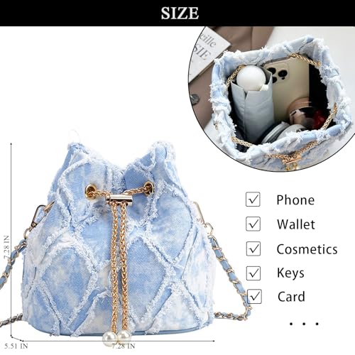 Image of Denim Bucket Bag Quilted Drawstring Jean Purses for Women Denim Clutch Hobo Bags Crossbody Handbag