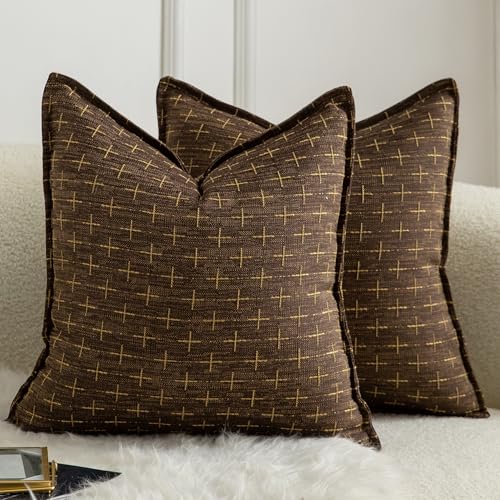 MANDIOO Pack of 2 Burlap Linen Throw Pillow Covers Woven Textured Modern Farmhouse Cushion Covers Pillowcase Decorative Couch Sofa Bed Living Room 20 x 20 Inch Deep Brown