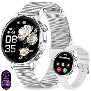 Smart Watch for Women, 1.27" Ladies Smartwatch with Bluetooth Call Heart Rate SpO2 Sleep Monitor, 110+ Sports Modes, Step Counter, IP68 Waterproof Fitness Tracker for Android iOS, 2 Bands, Silver