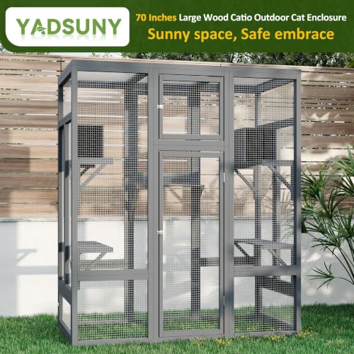 YADSUNY 70Inch Catio Outdoor Cat Enclosure, Large Cat House Cat Patio, Grey